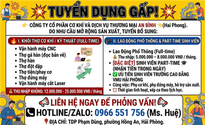 CÔNG TY CỔ PHẦN CƠ KHÍ VÀ DỊCH VỤ THƯƠNG MẠI AN BÌNH THÔNG BÁO TUYỂN DỤNG VIỆC LÀM 